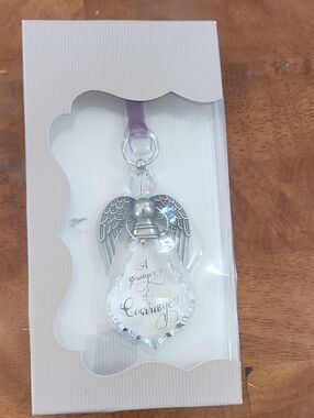 Demdaco Clear Crystal Angel with Purple Ribbon, Silver Wings Ornament